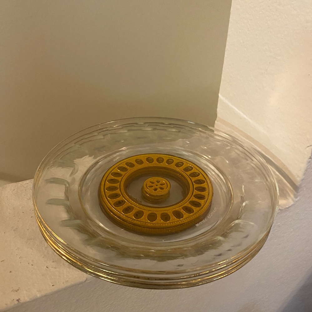 Vintage Glass Salad Plates with Gold Accents and Trim. Set of 4. France.